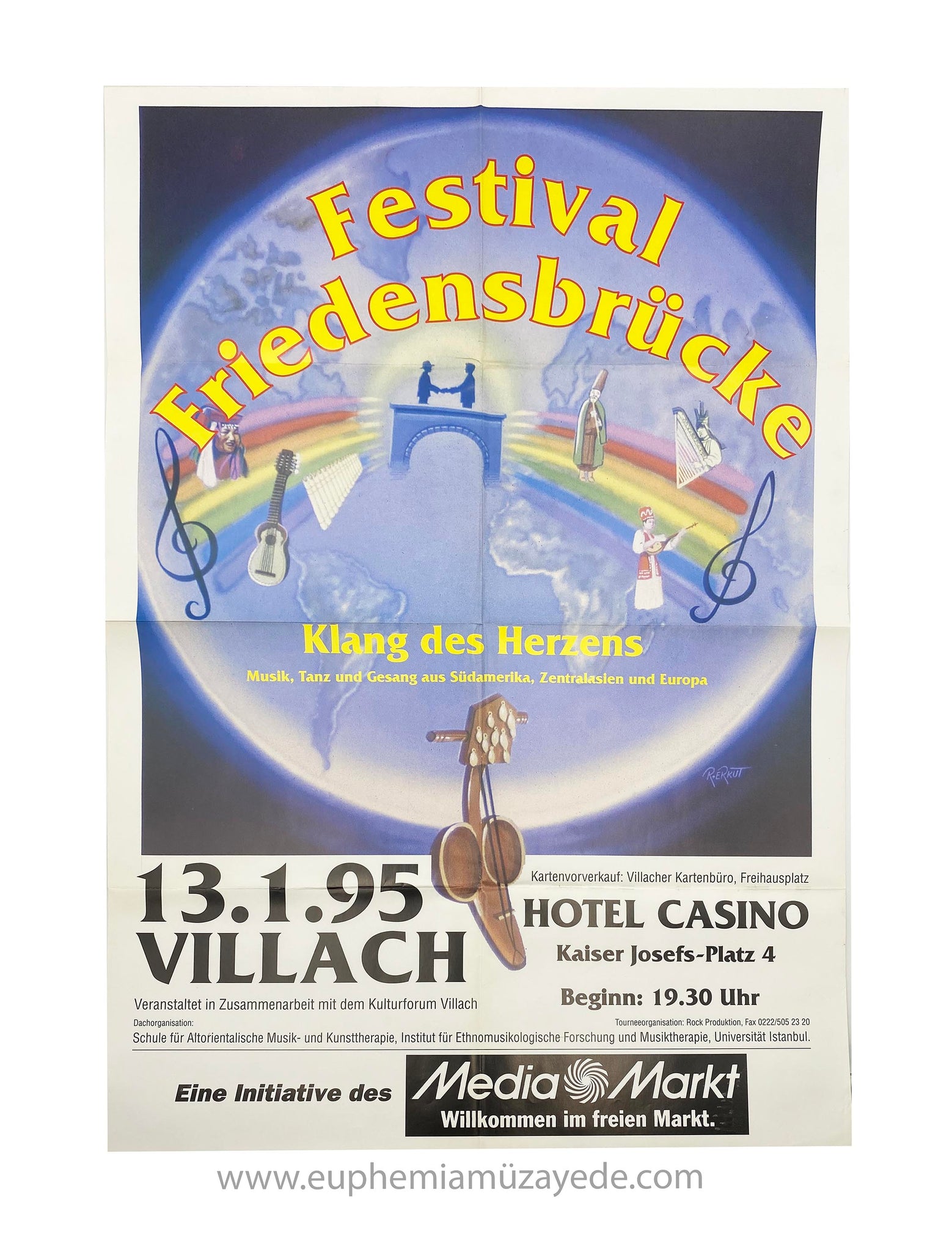 [R. Erkut Çizimi Festival Afişi] Festival Friedensbrücke Klang des Herzens "Musik, Tanz und gesang aus Südamerika, Zentralasien und Europa" 13.1.1995 Villach