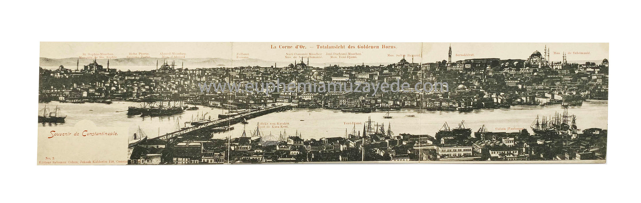 [Fransızca - Almanca Panoramik Haliç Manzarası] Souvenir de Constantinople: La Corne d'Or - Totalansicht des Goldenen Horns. Editör: Salomon Cohen, Jüksek Kalderim 118, Constatinople