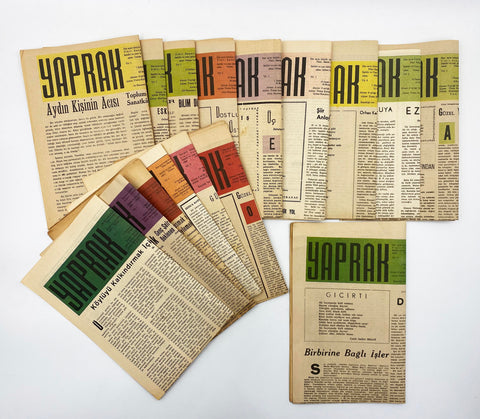 Yaprak. + Son Yaprak. Her ayın biriyle onbeşinde çıkar, fikir, sanat gazetesi. Sahibi ve Yazı işlerini fiilen idare eden: Orhan Veli Kanık. Yıl: 1-2. Sayı: 1-27 + 28 [TAKIM]
