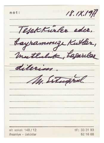 [OSMANLI / TÜRK TİYATROSU] Muhsin Ertuğrul (1892-1979) imzalı el yazısı bayram tebrikli kartvizit