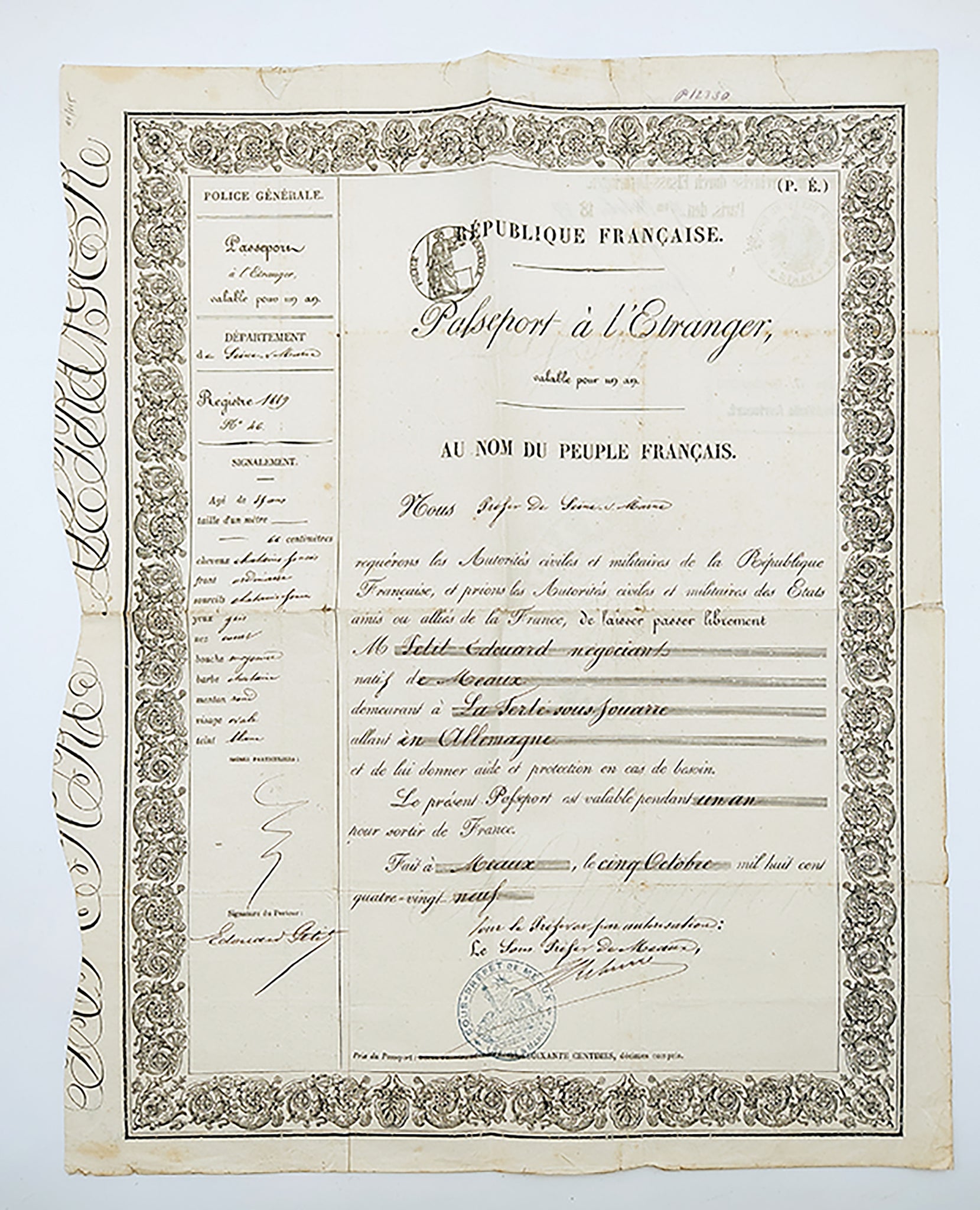 [PASAPORT] 1889 Republique Française Palseport a l'Etranger (Yabancılar için verilen Fransız pasaportu)