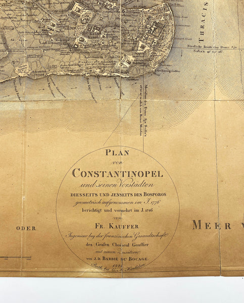 Plan von Constantinopel und seinen Vorstadten Diesseits und Jenseits des Bosporos geometrisch aufgenommen im 1776. berichtgt und vermehrt im J. 1786 von F. Kauffer von J. D. Barbie du Bocage 1821 Pesth, bei C. A. Hartleben