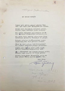 [İMZALI DAKTİLO ŞİİR] Azmi Güleç ıslak imzalı "Alp Arslan Konuştu" adlı şiirinin Türk Yurdu'na gönderilmiş orijinal daktilo nüshası
