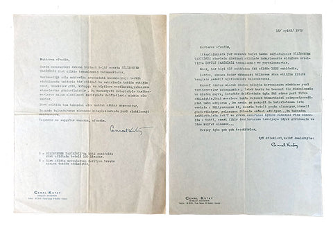 "Cemal Kutay" ıslak imzalı, daktilo edilmiş, 1975 tarihli, yazarın kendi kitaplarının tanıtımlarını içeren iki adet mektup