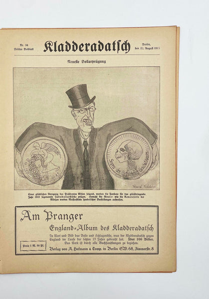 [BİRİNCİ DÜNYA SAVAŞI PROPAGANDA]  Büyük Britanya’yı temsilen çizilen John Bull arka kapaklı Almanca Kladderadatsch Dergisi Nr: 34, 22 August (Ağustos) 1915 Berlin