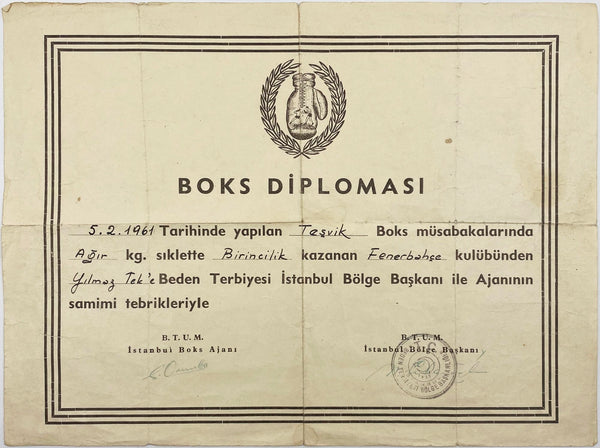 Spor Tarihi / Boks: B.T.U.M İstanbul Boks Ajanı ve İstanbul Bölge Başkanı tarafından imzalı boks diploması