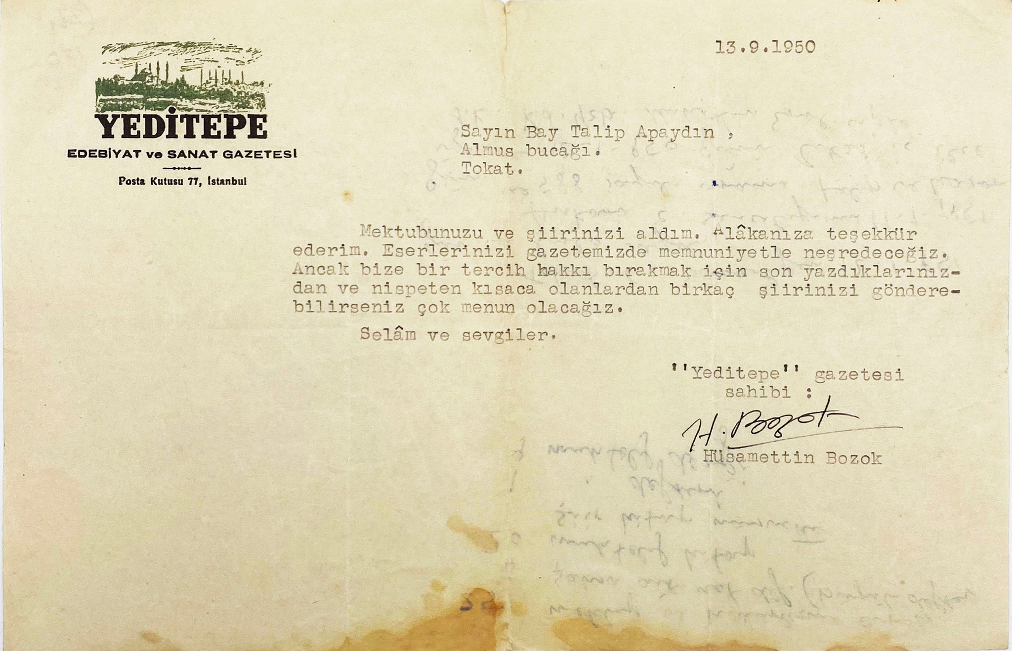 [YEDİTEPE YAYINLARI] Yayınevinin kurucusu Hüsamettin Bozok (1916-2008) ıslak imzalı, Türkiyeli toplumcu yazar Talip Apaydın'a (1923-2014) gönderilmiş, Yeditepe Edebiyat ve Sanat Gazetesi antetli kağıda daktilo mektup