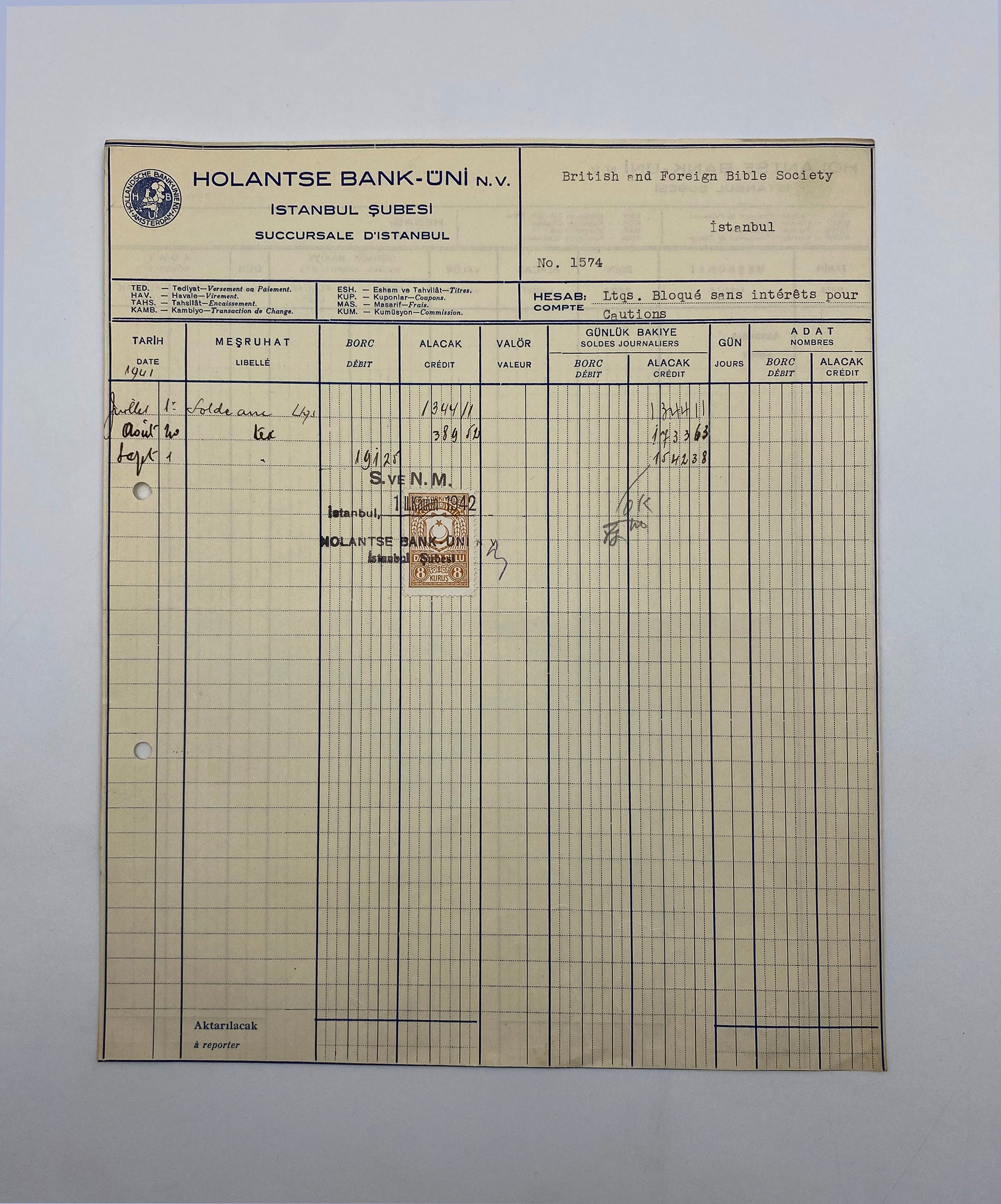 [FİNANS TARİHİ] Holanste Bank - Üni N.V. İstanbul Şubesi Antetli fatura, filateli. 1 İkincikanun 1942