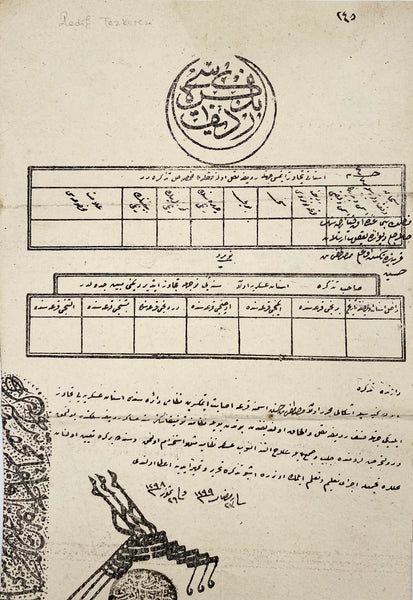 Osmanlı dönemi Yakup Arslan karyesinden Mustafa b. Hüseyin'e verilen pençe mühürlü redif tezkeresi [askerî terhis belgesi], 23 Ramazan 1299 [8 Ağustos 1882] tarihli