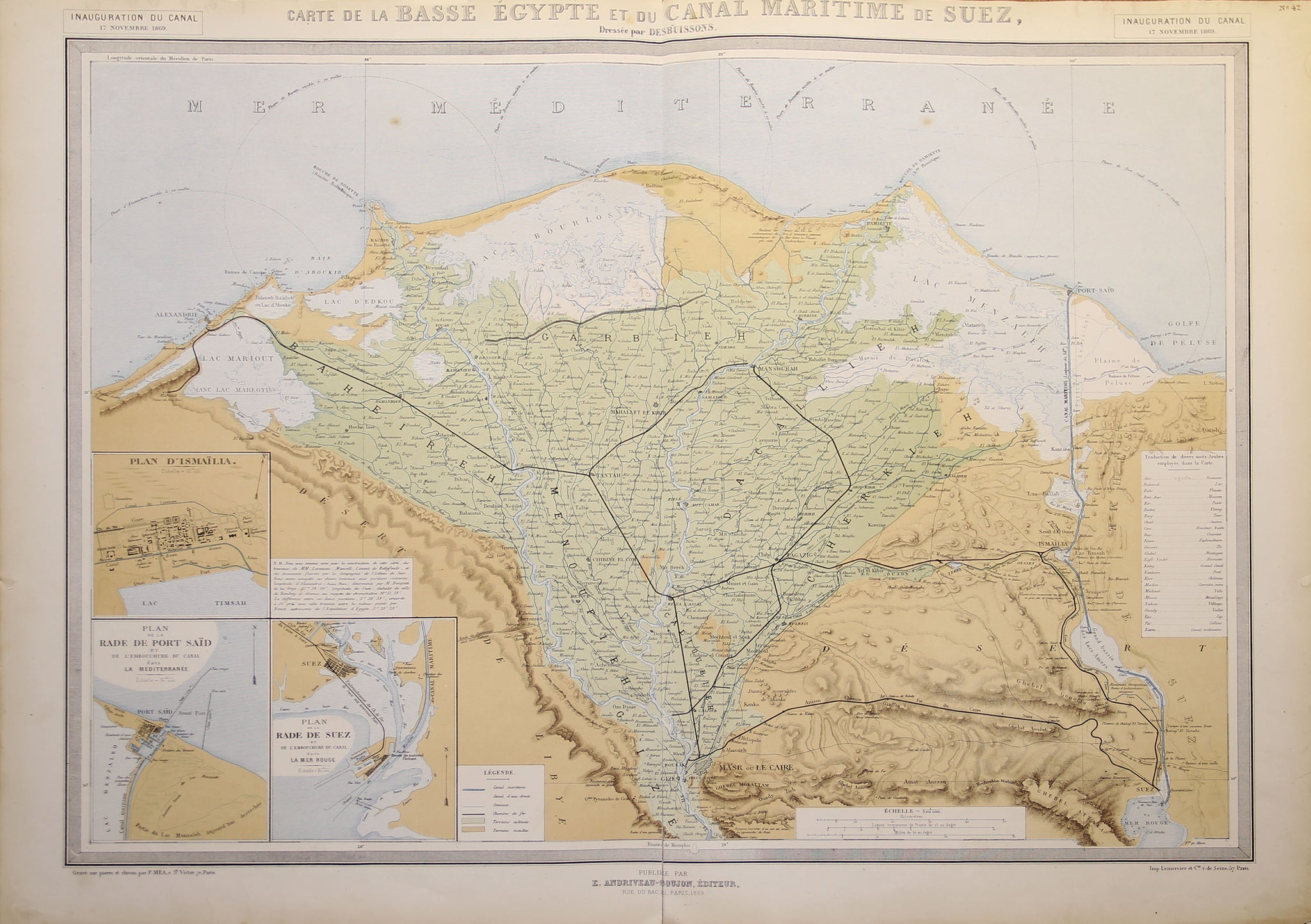 [FRANSIZ KARTOGRAFYASI] Carte de la Basse Egypte et du Canal Maritime de Suez (Aşağı Mısır Haritası ve Süveyş Deniz Kanalı) No:42, Echelle=1:500.000 Kilometres Editteur (Editör) Publie par J. Andriveau-Goujon. Paris 1869