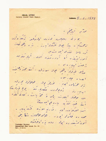 2 adet Osmanlıca mektup: Sayıştay Emekli Daire Başkanı Celâl Çiftçi'den bir hanımefendiye. 1973 tarihli