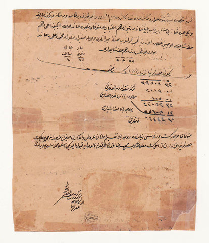 "Müteveffa-i Mezbûr'un" mirasının varisler arasında taksiminin kağıt üzerinde gösterir Osmanlıca el yazması, müfti damgalı. Mirasın muhtevası ve nasıl pay edildiğine dair belge
