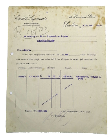 30 Nisan 1923 tarihli Londra'daki Credit Lyonnais'den Constantinople'daki Cünbüşyan Kardeşler'e gönderilmiş onay mektubu