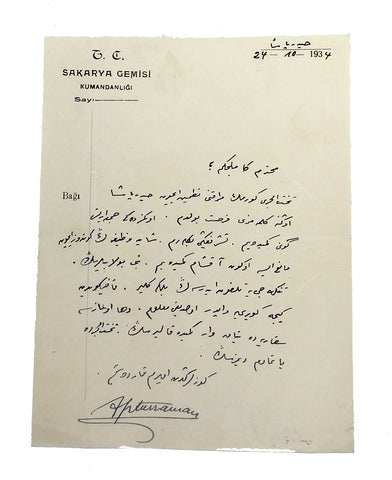 [SAKARYA GEMİSİ - TAHTELBAHİR] 1934 tarihli Osmanlıca el yazması mektup: Sakarya Gemisi antetli ve gemi mürettebatının Haydarpaşa'da ilk kez denizaltına çıkacağını bildiren belge