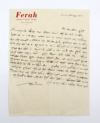 Aktör Şadi imzalı "Ferah" antetli kağıda 1929 yılında el yazısıyla yazılmış ve Vasfi Rıza Zobu'ya gönderilmiş mektup