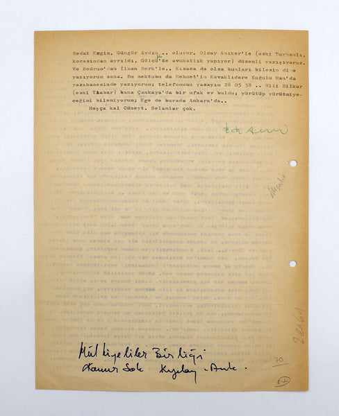 Ece Ayhan'dan ıslak imzalı daktilo edilmiş, üzerinde düzeltmeleri olan 1981 tarihli ve zengin içerikli mektup