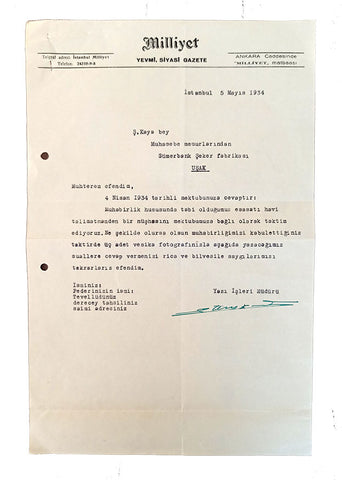 "Etem İzzet" ıslak imzalı, Ş. Kaya'ya gönderilmiş 1934 tarihli daktilo mektup