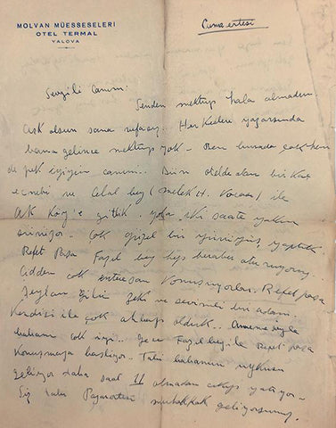 [KADIN RESSAMLAR - İMZALI] Kadın ressam Şükriye Dikmen'den diğer kadın ressam Fatma Tiraje Dikmen'e yazılmış el yazısı, ıslak imzalı mektup