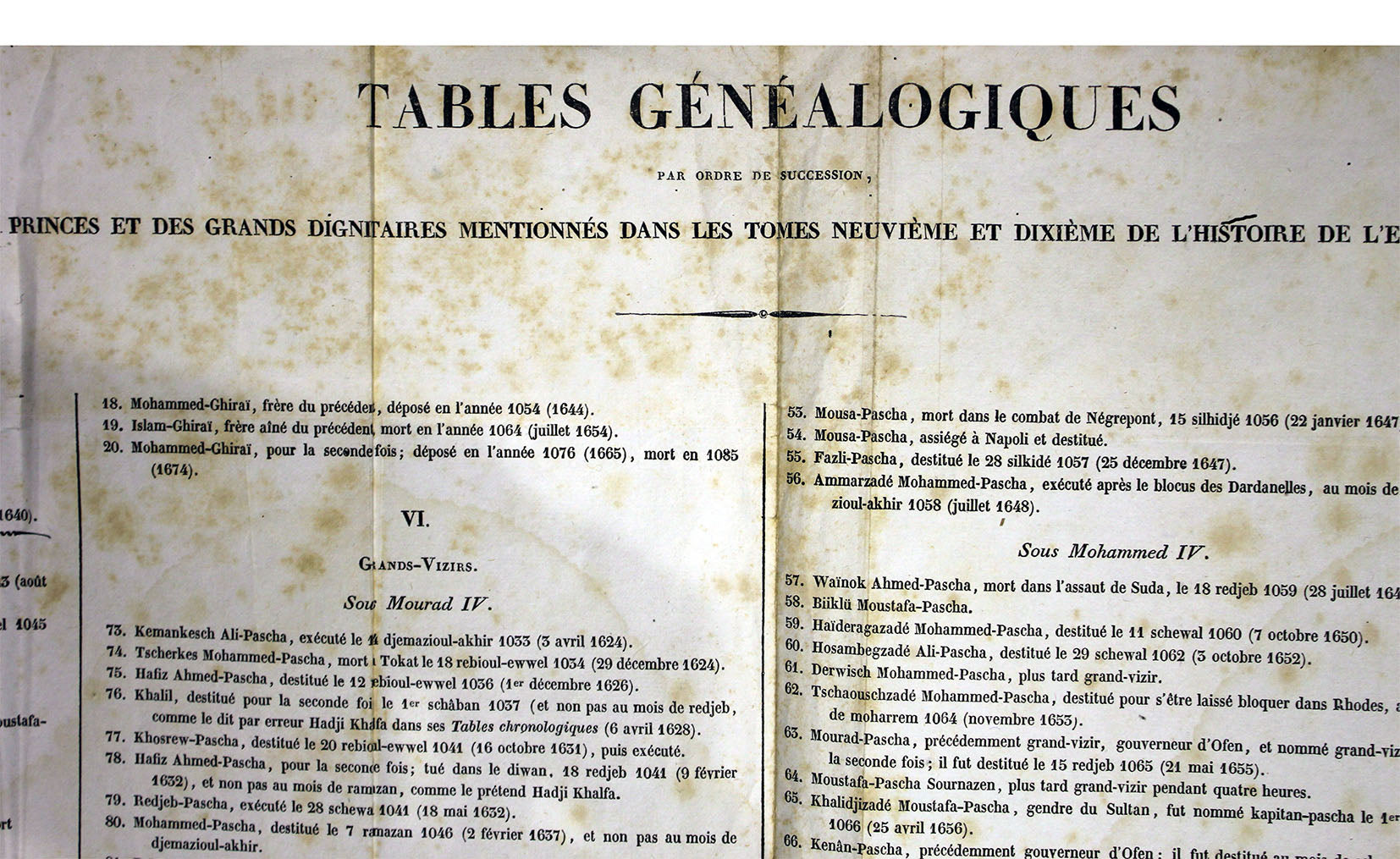 [17. YÜZYIL OSMANLI YÖNETİMİ ŞECERESİ] Tables genealogiques par ordre des succession, princes et des grand dignitaires mentionnes dans les tom. 9-10 "L'histoire de l'empire Ottoman", Hammer