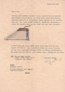 "Gültekin Yertut" ıslak imzalı, 1957'de kanun ustası Onnik Garipyan'a daktilo edilerek gönderilmiş iyi bir kanun sipariş mektubu - Elle çizilmiş kanun resmi mevcut