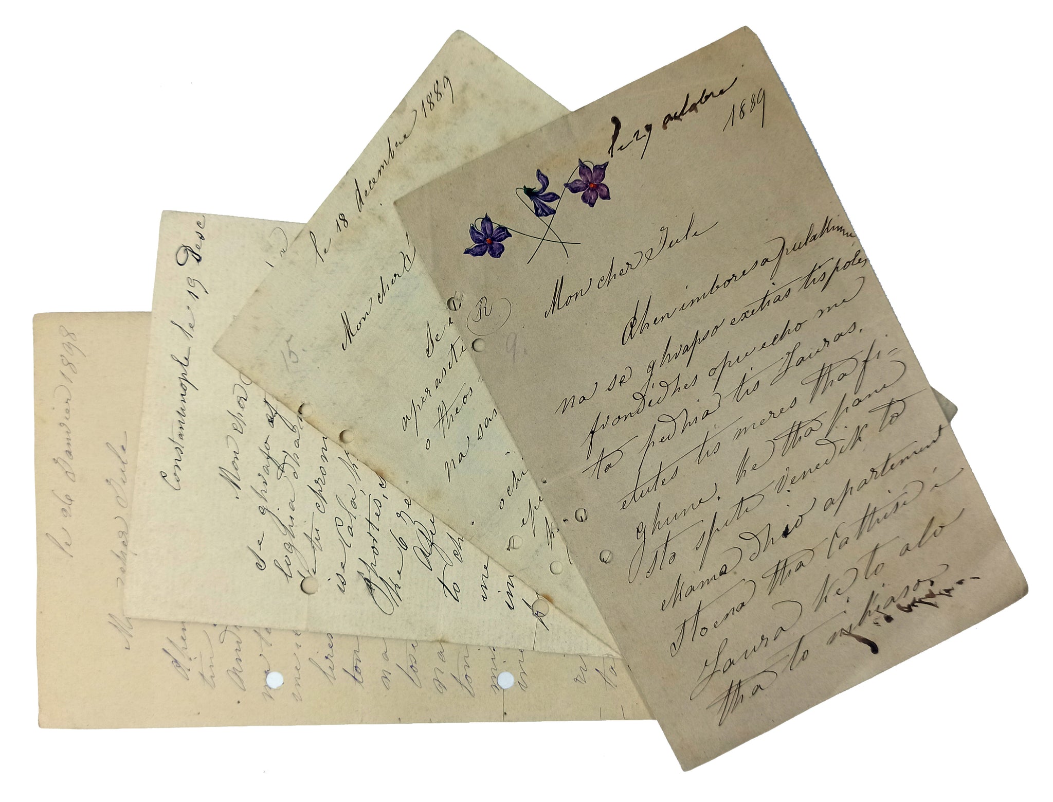 [LEVANTEN - KADIN] "E. Capoleone" imzalı, 1889 ve 1898 tarihli, Şûle Hanım'a gönderilmiş dört adet el yazma mektup